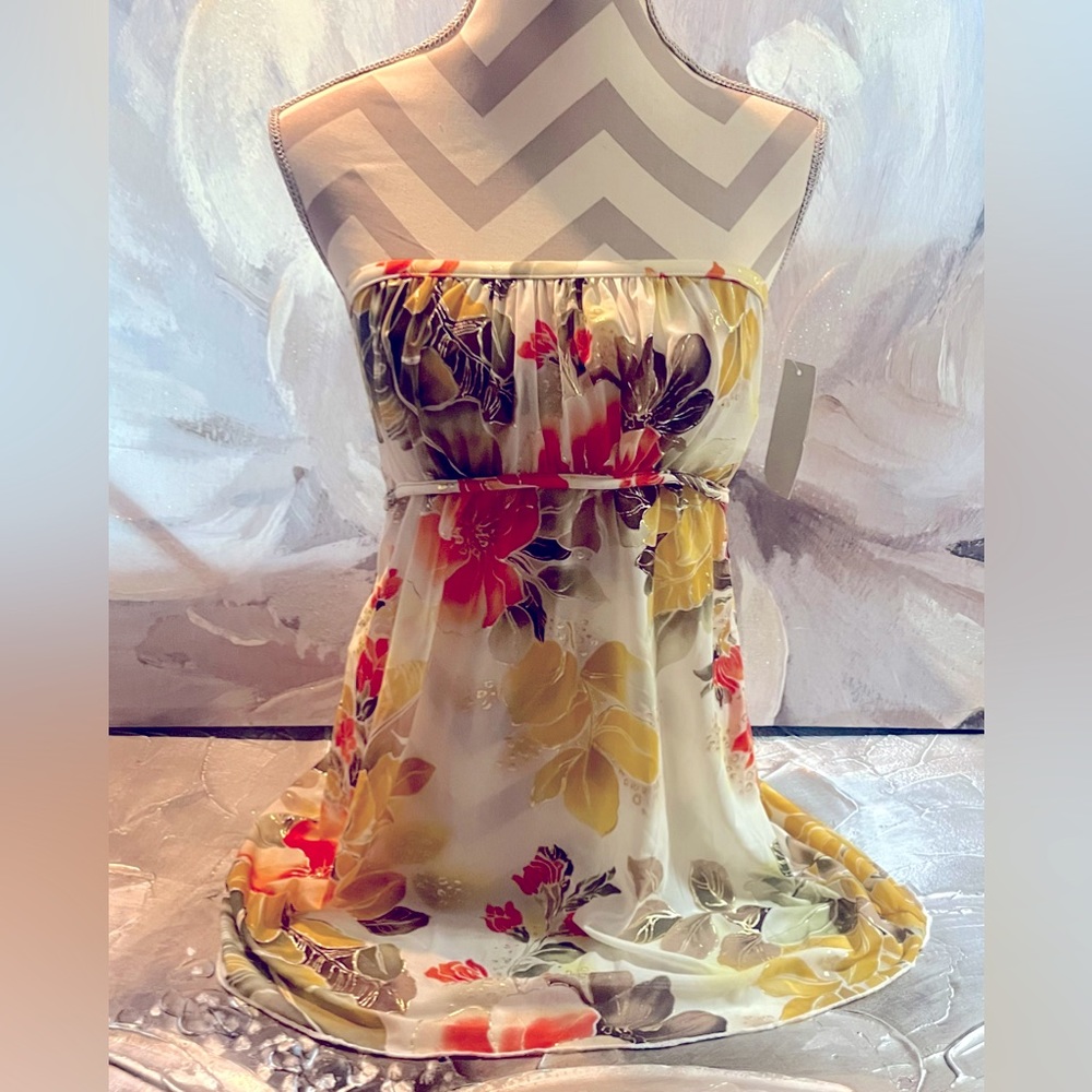 New Endless Sun Swim Floral Cover Up Strapless Blouse W/ Open Tie Back Sz M~ NWT